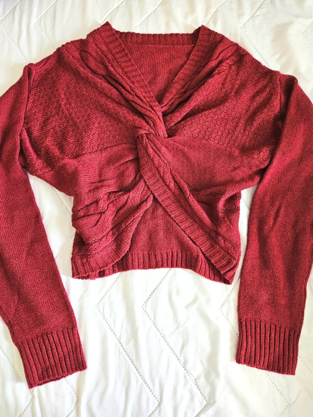 Red Burgundy Twist Front Design Knitted Sweater Size Small